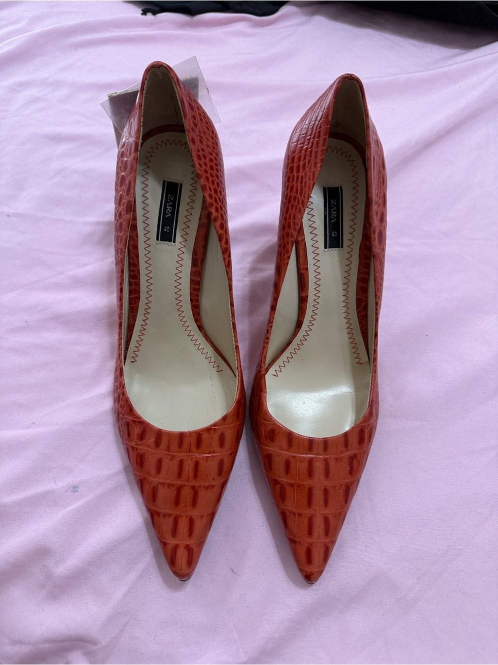 Zara Orange Croc-Embossed Pointed Toe Pumps
